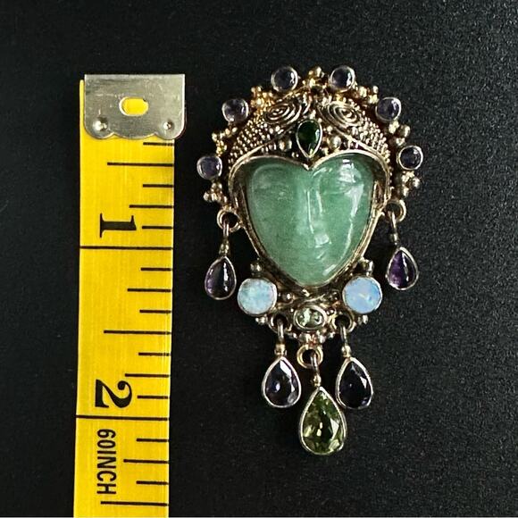 Vintage Gold Plated Sajen 925 Jade Face Brooch With Jewels - Picture 4 of 4